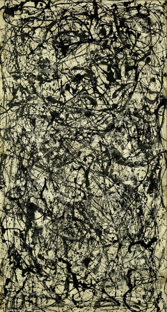 Number 26 A, Black and white, 1948 Représentative de l’action painting, cette œuvre a été peinte à l’aide de la technique du dripping. L’artiste, qui avait posé la toile au sol, se déplaçait autour d’elle et s’identifiait aux Indiens qui travaillaient sur le sable. Il n’y a plus de sujet, ni de symbole, seulement la peinture à l’état brut. (Claire Maingon • le 14 février 2020, dans beaux-arts.com)